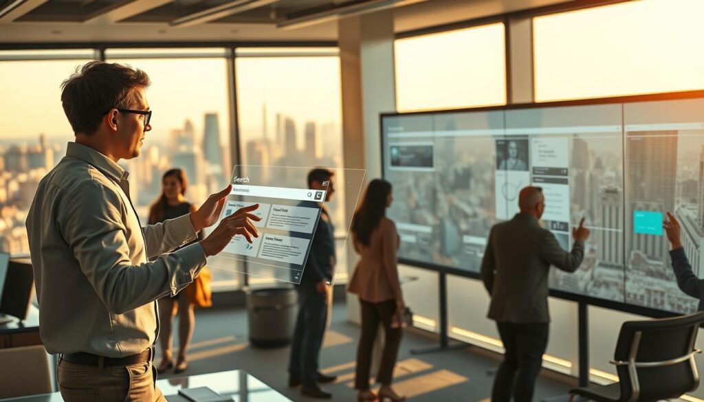 A bustling office scene with Bing AI applications in action. In the foreground, a person interacts with a sleek, holographic interface, navigating search results and insights with fluid gestures. Surrounding them, a team collaborates on a large, interactive display, analyzing data and visualizations provided by the Bing AI assistant. In the background, a panoramic window overlooks a dynamic city skyline, bathed in warm, natural lighting. The atmosphere conveys a sense of productivity, innovation, and the seamless integration of AI-powered tools into everyday professional life.
