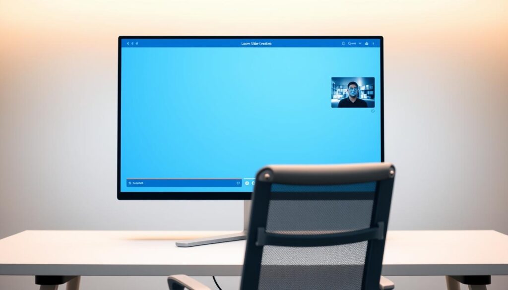 A modern, minimalist office setting with a large, sleek monitor displaying a Loom AI video creation interface. The monitor is positioned on a clean, white desk, with a simple, ergonomic chair in the foreground. Soft, diffused lighting from overhead casts a warm, productive glow, highlighting the crisp details of the user interface. The background is blurred, allowing the monitor and desk to be the focal point, conveying a sense of focus and efficiency. The overall tone is one of technological sophistication and streamlined video communication.