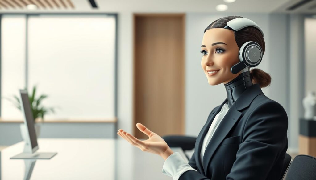 A professional, well-lit scene of an AI virtual assistant providing friendly and helpful customer service. The assistant, a lifelike humanoid figure, is situated in the foreground, dressed in a crisp, modern business attire. The assistant's face conveys a warm, empathetic expression as they interact with a customer, represented by a disembodied hand and digital device in the middle ground. The background features a sleek, minimalist office setting with clean lines, neutral tones, and subtle technology elements, creating a sophisticated and futuristic atmosphere. Soft, directional lighting highlights the assistant's features and creates a sense of depth and professionalism. The overall mood is one of efficient, personalized, and trustworthy AI-powered customer service.