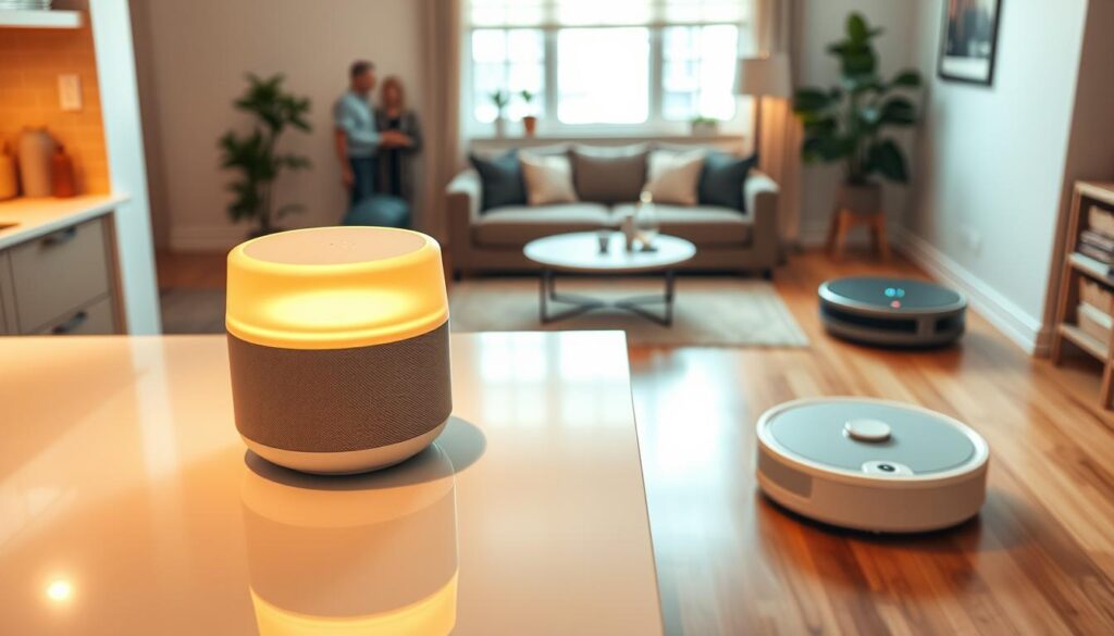 A vibrant, dynamic scene of intelligent digital assistants seamlessly integrated into a modern home environment. In the foreground, a sleek, minimalist-designed virtual assistant with a warm, conversational interface hovers above a gleaming kitchen countertop, ready to assist with meal planning, recipe retrieval, and kitchen timers. In the middle ground, a discreet, voice-activated smart home controller blends into the neutral-toned living room decor, controlling lighting, temperature, and entertainment systems. In the background, a compact, multi-functional robotic assistant moves smoothly across the hardwood floors, autonomously handling chores like vacuuming and floor cleaning. Warm, diffused lighting imbues the scene with a sense of comfort and efficiency, while the clean, uncluttered design reflects the seamless integration of these intelligent helpers into the daily domestic landscape.