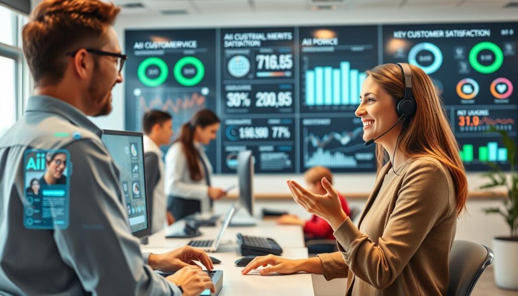 A vibrant, well-lit office scene showcasing the benefits of AI-powered customer service. In the foreground, a friendly customer service agent interacts with a smiling customer via a holographic interface, demonstrating efficient, personalized assistance. In the middle ground, a team of AI technicians monitor performance metrics and fine-tune the system. In the background, a wall-sized display highlights key customer satisfaction metrics, illustrating the positive impact of the AI-powered solution. The scene conveys a sense of innovation, productivity, and enhanced customer experience.