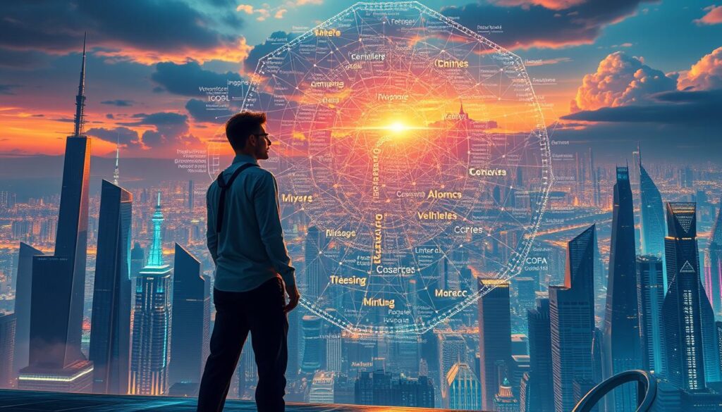 A visually striking illustration of the core principles of prompt engineering, captured in a high-resolution digital painting. In the foreground, a skilled prompt engineer stands confidently, surrounded by a halo of dynamic keywords and technical terminology, conveying the mental focus and creative energy required for this discipline. In the middle ground, a complex matrix of interconnected concepts and techniques unfolds, representing the multifaceted nature of prompt engineering. The background showcases a futuristic cityscape, with towering skyscrapers and a vibrant, neon-infused skyline, symbolizing the vast potential and transformative power of this skill in the workplace. The lighting is a captivating blend of warm and cool tones, creating a sense of depth and emphasizing the technical prowess required. Rendered with a cinematic, hyper-realistic style, this image aims to inspire and educate viewers on the core prompt engineering techniques for workplace success.