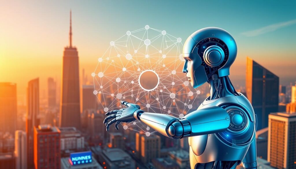 A visually striking illustration showcasing the intricate relationship between Artificial Intelligence (AI) and Machine Learning (ML). In the foreground, a futuristic neural network diagram with interconnected nodes and pathways, symbolizing the core of ML algorithms. Overlaying this, a sleek, metallic AI assistant extends its robotic arms, interacting with the ML elements. The background depicts a cityscape of towering skyscrapers and advanced technological infrastructure, bathed in a warm, golden light that conveys a sense of progress and innovation. The overall composition creates a balanced, harmonious representation of the synergetic nature of AI and ML, perfectly suited to introduce these concepts to beginners.